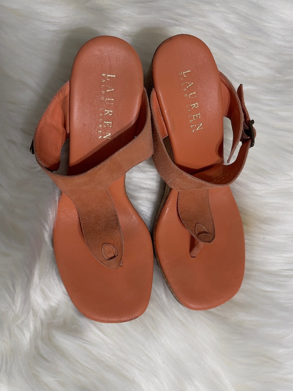 Ralph Lauren Orange Suede T-Strap Cork Wedge Sandals